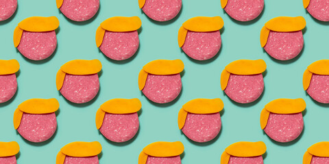 Pattern illustration representing a face made with cheese and salami