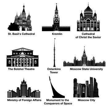 Moscow buildings with names, Kremlin, The Bolshoi Theatre, Moscow State University, Moscow City, Cathedral of Christ the Savior, St. Basil's Cathedral, Ostankino Theatre, Ministry of Foreign Affairs