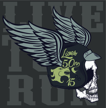 vector monochrome image on a motorcycle theme with skulls, motorcycles, wings, engine
