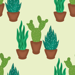 succulents and cactus in pots hand drawn seamless pattern