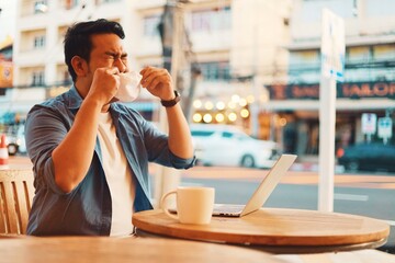 Man with medical mask at coffee shop.