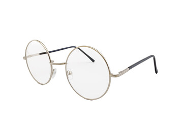 Street style oval prescription glasses with thin silver metal frame, clear lens, isolated on white background, side view.
