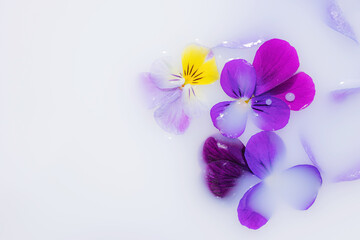 Violet flowers, violets in milk water. Beauty and wellness treatments with flower petals in a milk bath. Summer concept of freshness, purity, tenderness, youth. Copy space, flat lay.