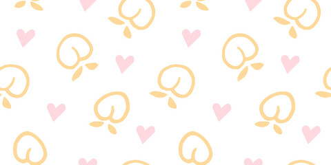 Seamless peaches fruit vector pattern. Hand drawn pink peach peach fruit art with heart for wallpaper textile fabric designs. Cute vector illustrations in cartoon style.Print