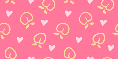 Seamless peaches fruit vector pattern. Hand drawn pink peach fruit art with heart for wallpaper textile fabric designs. Cute vector illustrations in cartoon style.Print
