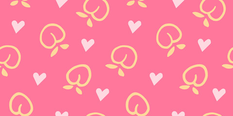 Seamless peaches fruit vector pattern. Hand drawn pink peach fruit art with heart for wallpaper textile fabric designs. Cute vector illustrations in cartoon style.Print