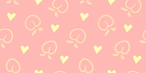 Seamless peaches fruit vector pattern. Hand drawn orange peach fruit art with heart for wallpaper textile fabric designs. Cute vector illustrations in cartoon style.Print