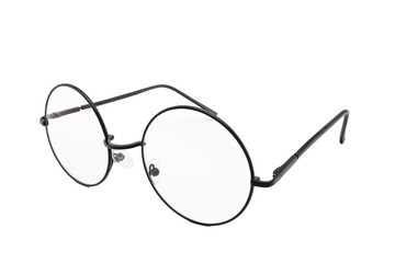 Street style oval prescription glasses with thin black metal frame, clear lens, isolated on white...