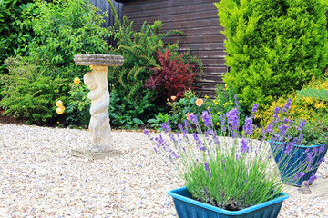 A stone statue bird bath standing in the middle of a low maintenance home garden