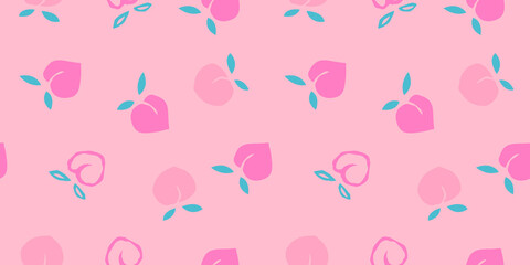 Seamless peaches fruit vector pattern. Hand drawn pink fruit art for wallpaper textile fabric designs. Cute vector illustrations in cartoon style.