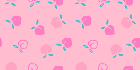 Seamless peaches fruit vector pattern. Hand drawn pink fruit art for wallpaper textile fabric designs. Cute vector illustrations in cartoon style.