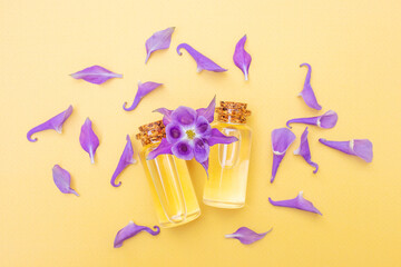 Modern apothecary. Essential oil among flowers and petals. Image in yellow and purple tones. The concept of organic essences, natural cosmetics, aromatherapy and wellness products.