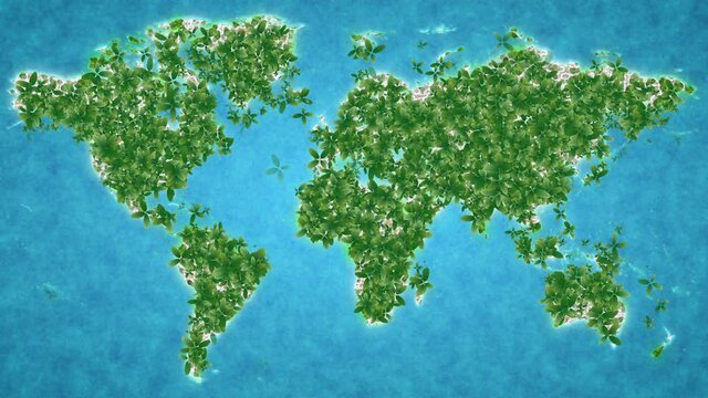 World map made up of various detailed trees on world map including the shadows. This animation of a forest is conceptual of the global green environmental issues 