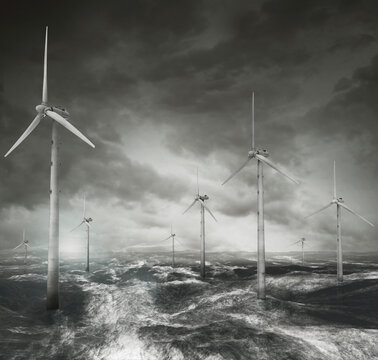 Wind turbines on the sea with stormy sky