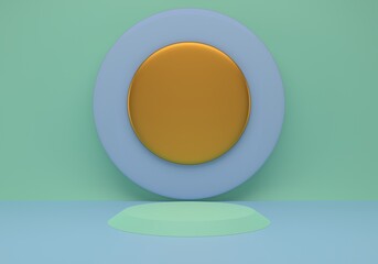 3d rendering studio with geometric shapes, podium on the floor. Platforms for product presentation, mock up background.