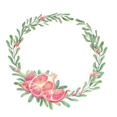 Pomegranate Fruit wreath. Watercolor illustration with half and section of pomegranate, corns and seeds, branches and leaves. Your text here. Fruit frame for cards, invitation