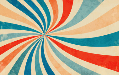 Retro-Starburst-Sonnendurchbruch-Hintergrundmuster und Grunge-texturierte Vintage-Farbpalette von orange-rot-beigem Pfirsich und Blau in spiralförmigem oder gewirbeltem radial gestreiftem Vektordesign