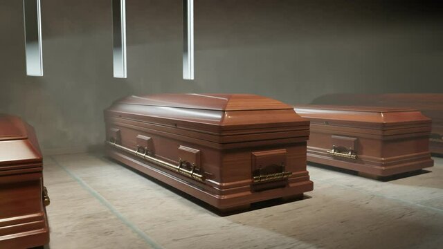 Animation of wooden coffins standing on the stone floor before the funeral. 4KHD