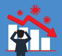 World financial crisis, unsuccessful investment, failure, loss of money. Man on the stock exchange. Vector illustration