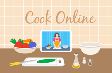 Online culinary class. Young woman cuts fresh vegetables for salad. Preview on tablet screen. Ingredients for dinner on table. Cooking video tutorial on Internet. Flat vector cartoon illustration
