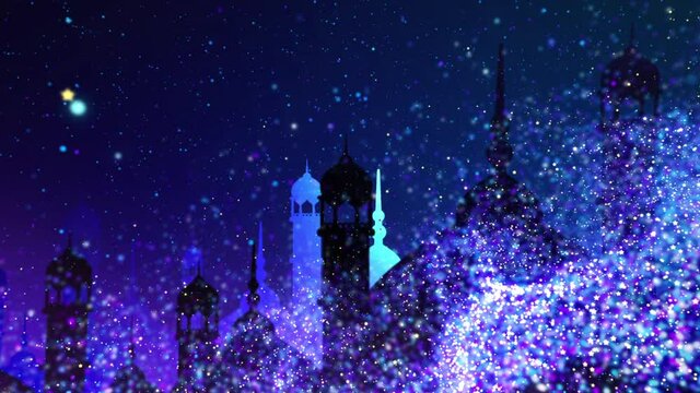 Eid Mubarak. Eid greeting 4K animated video. Eid greeting with mosque background, Ramadan lantern, crescent moon, Muslim festival