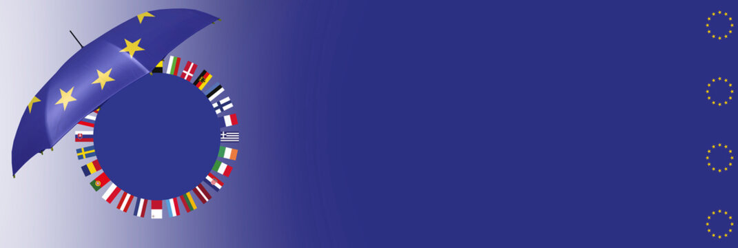 Corona-Rettungsschirm der EU, Fonds zur Rettung der Wirtschaft. Europ&auml;ische Flaggen und Coronavirus mit blauem Hintergrund, Banner.