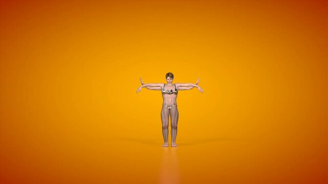 Beautiful woman belly dancing, hypnotical mirror moves, orange studio