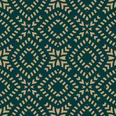 Vector ornamental geometric seamless pattern. Gold and green abstract floral ornament. Ornate background texture in Turkish, Moroccan, Arabian style. Oriental design. Elegant repeat design for decor