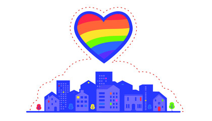 Rainbow heart above the city silhouette. LGBT pride. Festival of homosexuals, lesbians, transgender, bisexuals. Support and tolerance. Love has no gender. Vector illustration for print, banner,sticker