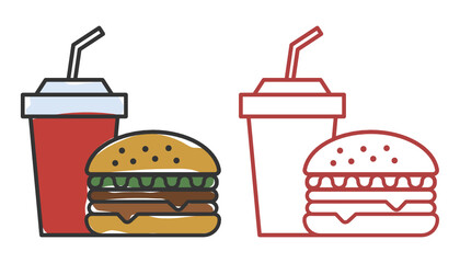 fast food icons, color and outline style