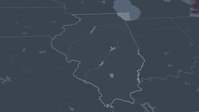 Illinois, state with its capital, zoomed and extruded on the administrative map of United States in the conformal Stereographic projection. Animation 3D