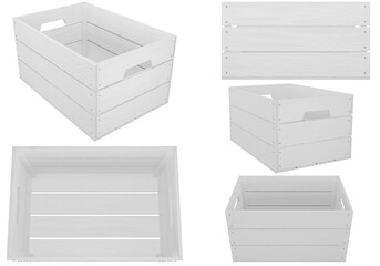collection of white wooden crates isolated on white backgruond with clipping path, 3d render