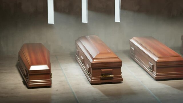 Animation of wooden coffins standing on the stone floor before the funeral. 4KHD