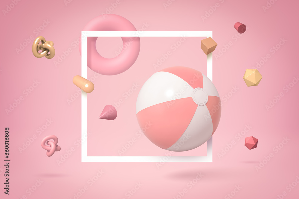 Poster 3d rendering of striped pink and white beach ball floating through square white frame on pink background with lots of geometric objects flying around.