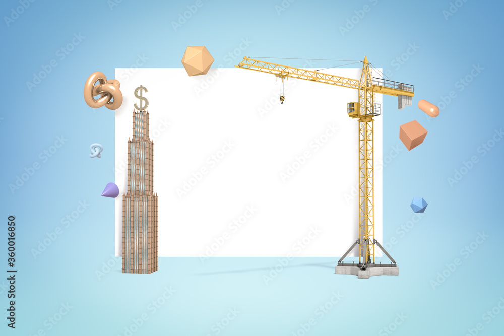Aufkleber 3d rendering of white copy space surrounded with geometric shapes, skyscraper on the left and buildi