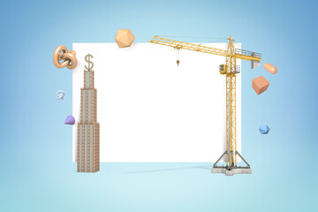 3d rendering of white copy space surrounded with geometric shapes, skyscraper on the left and building crane on the right, on light blue background.