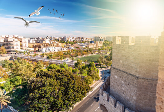 panoramic view of Valencia, spain with turia garden 