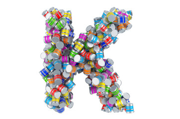 Letter K from colored paint cans, 3D rendering