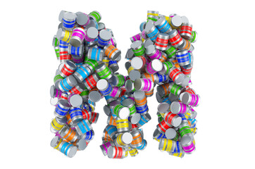 Letter M from colored paint cans, 3D rendering