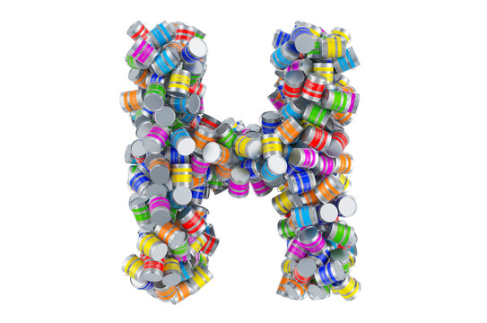 Letter H from colored paint cans, 3D rendering