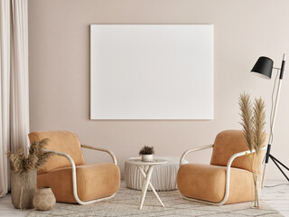 Mockup poster in Living room, natural colors background, 3d render, 3d illustration