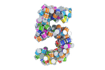 Number 5 from colored paint cans, 3D rendering
