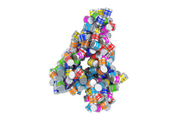 Number 4 from colored paint cans, 3D rendering