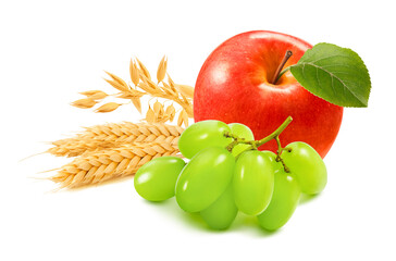 Red apple, green grapes, wheat and oat ears isolated on white background. Granola ingredients with clipping path