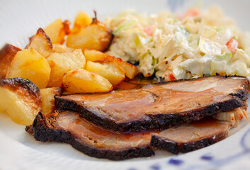 Slices of braised roast pork with bbq gravy, grilled golden pieces of potato and freshly made coleslaw salad. Super close-up image with selective focus.