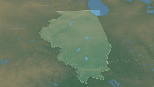 Illinois, state with its capital, zoomed and extruded on the relief map of United States in the conformal Stereographic projection. Animation 3D