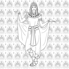 Hand drawn Vector illustration. Ancient Egyptian woman in traditional costumes for adult coloring book