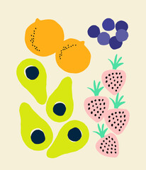 Hand painted design with colorful fruits on cream background.