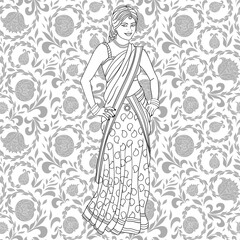 Hand drawn Vector illustration. stylized Indian woman in traditional clothes for adult coloring book. T-shirt emblem, logo, temporary tattoo, card design, pattern background