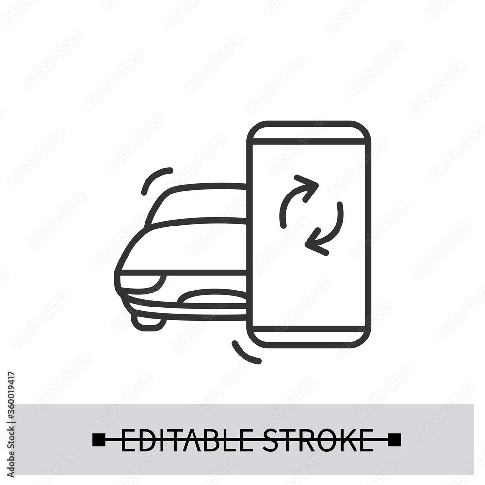 Poster car control icon. electric vehicle with smartphone integration linear pictogram. concept of remote d
